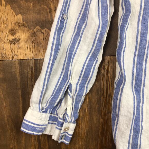 Antibes Blanc Womens Shirt Blue White Stripe Collared Button Down Linen Small - Picture 12 of 13